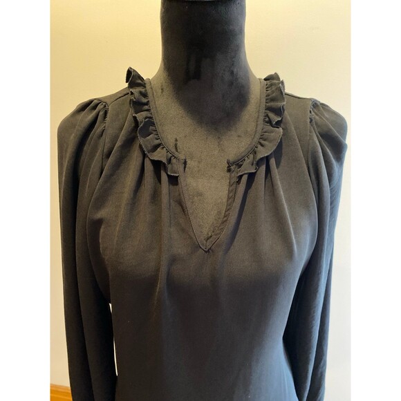 Blousology Blouse Size Large Black Ruffle Neck & Cuffs Flowy Casual or Dressy - Picture 2 of 11